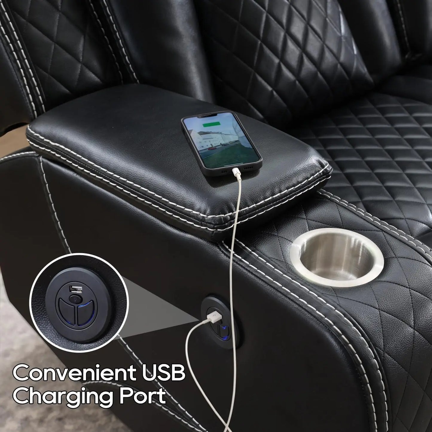 3 Seats Power Reclining Sofa with Wireless Charger LED Floor Lights Reading Light Drop Down Table USB Type C Port Model M070
