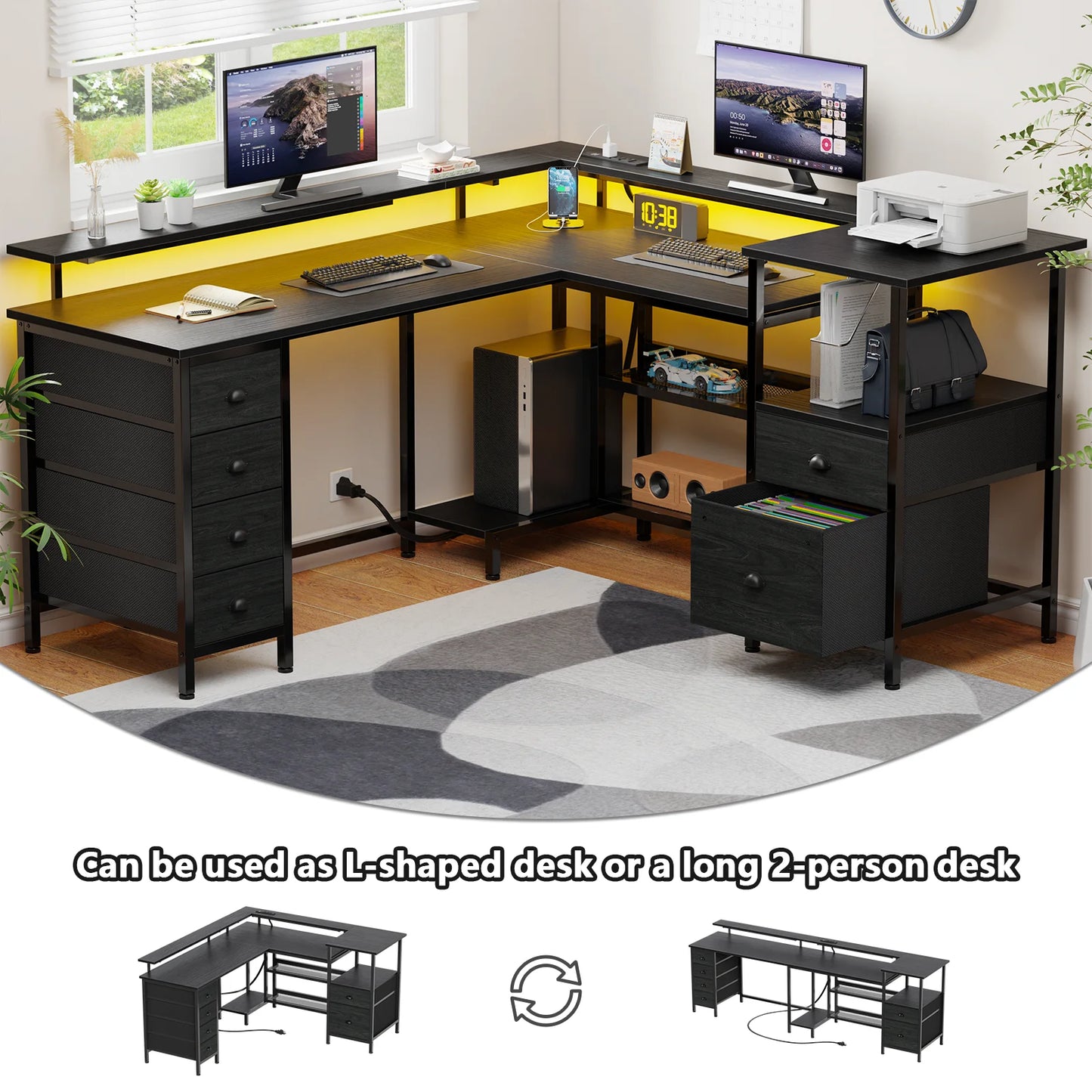 Satifur 67 inch Office Desk With Power Sockets and LED Lights, 2 Monitor Stands and 6 Adjustable Storage Drawers, Gaming Desk