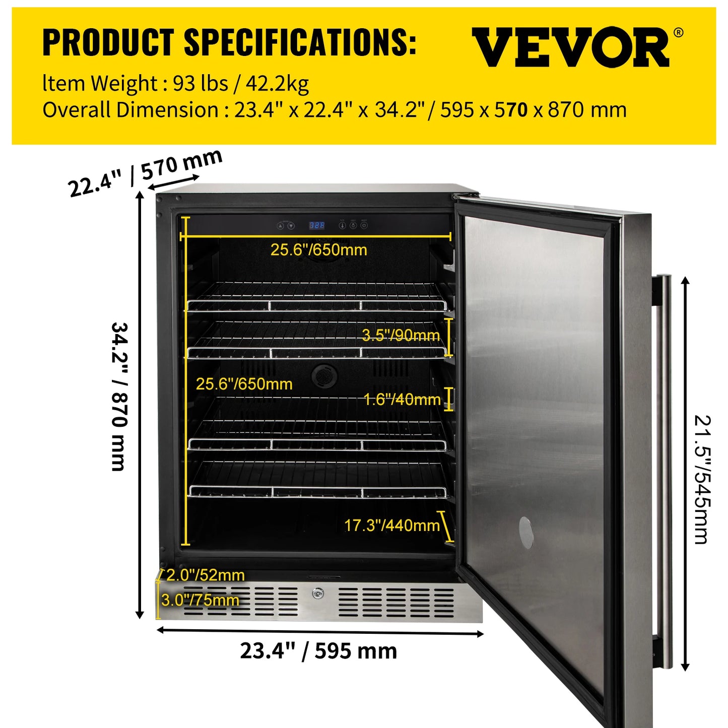 VEVOR 150L Refrigerator Built-in Under Counter 5.3 cu.ft. Stainless Steel Beverage Cooler for Restaurant Bar Cafe Cooling Drink