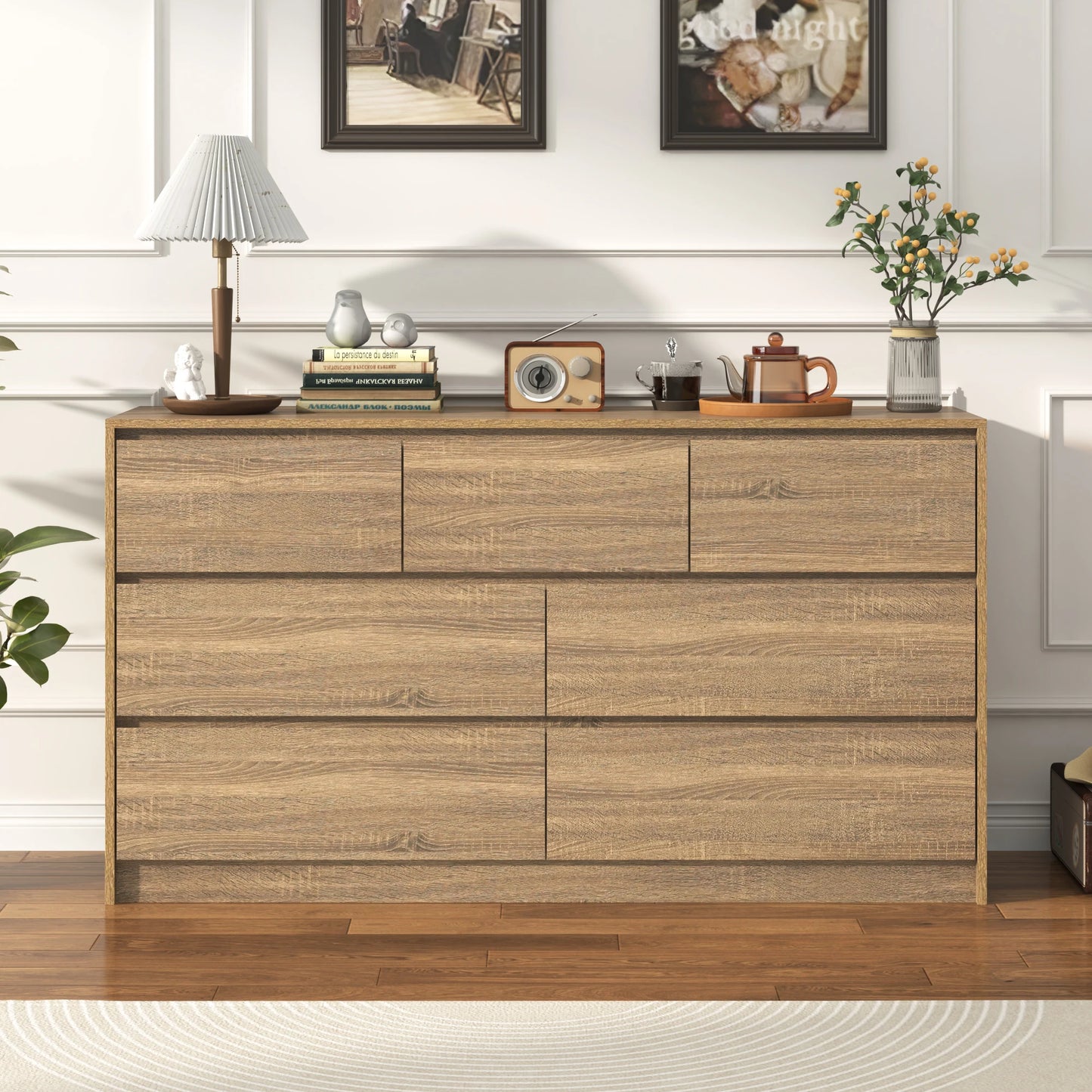 7 Drawer Dresser for Bedroom 55 Inch Modern Chest of Drawers for Closet Wide Drawer Organizer Cabinet in White and Black