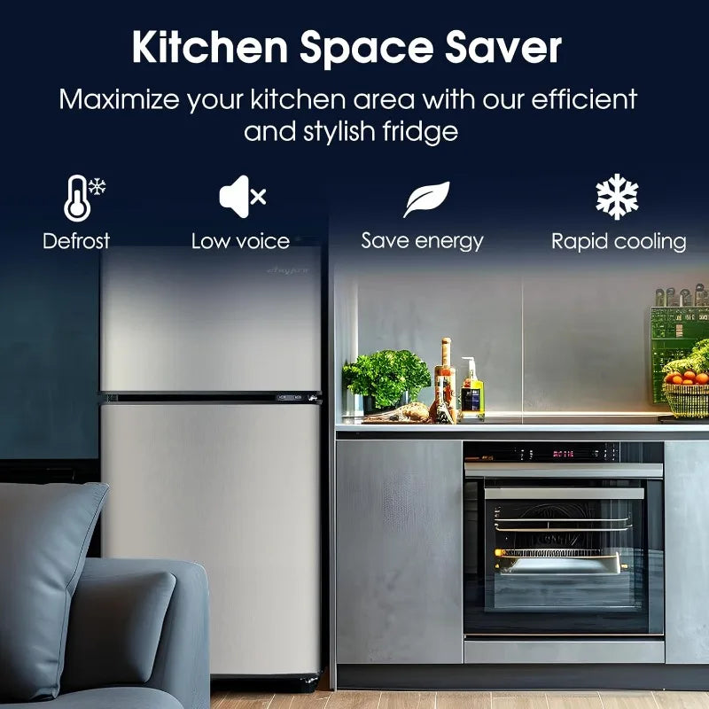 3.2 Cu.Ft Fridge with Freezer, 2 Door Refrigerator with 7 Level Thermostat, LED Light, Adjustable Removable Glass Shelves