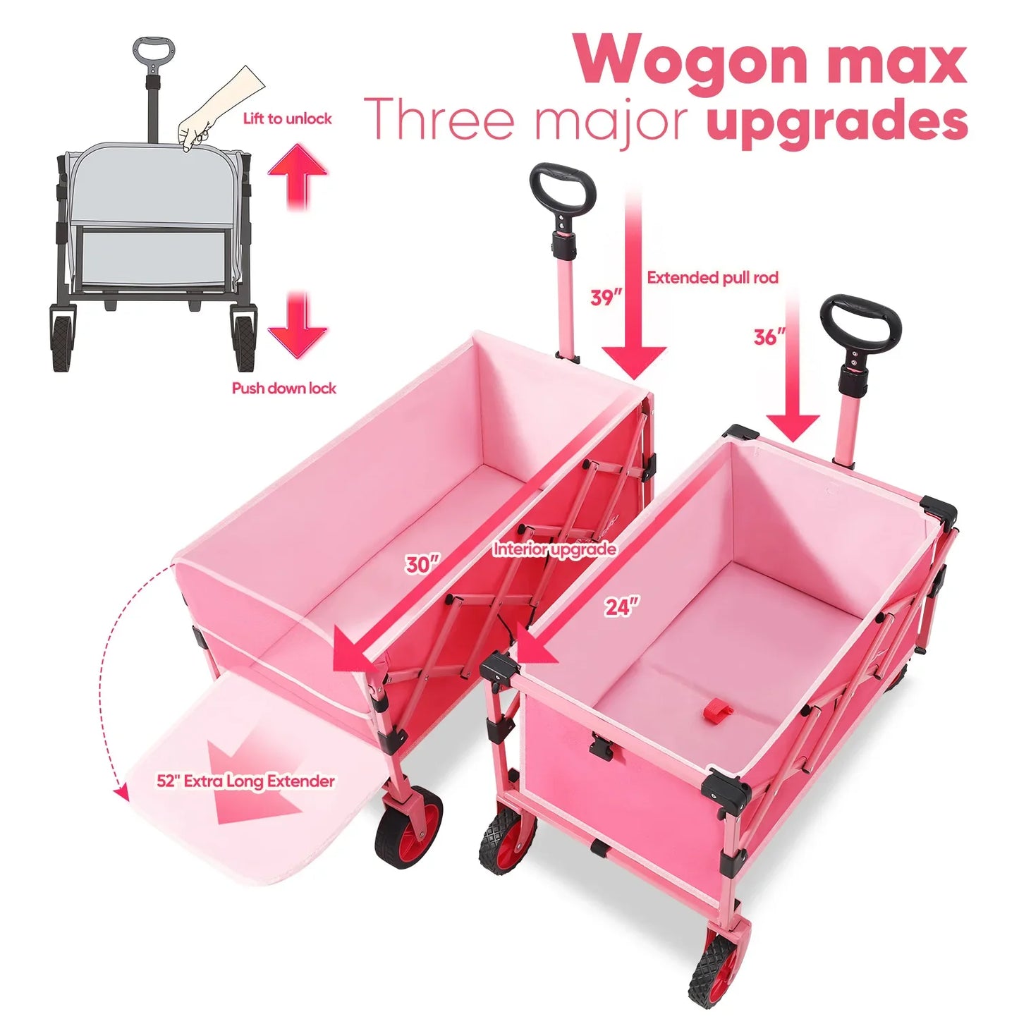 52" Extender Folding Collapsible Wagon Carts Foldable with 330LBS Weight Capacity Heavy Duty Lightweight Extra-Long Utility Cart