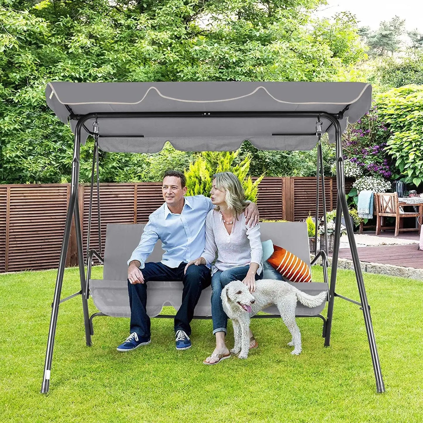 3-Seat Patio Swing Chair, Outdoor Porch Swing with Adjustable Canopy and Durable Steel Frame for Patio, Garden, Poolside(Nevy Bl